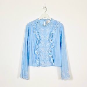 H&M Blue Cotton Frilled Long Sleeve Blouse